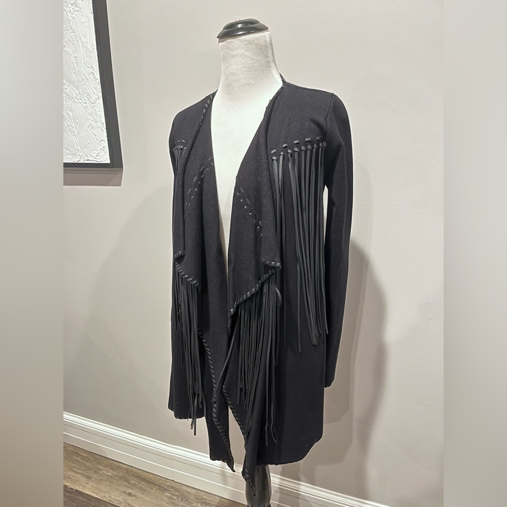 ZARA KNIT Black Leather Fringe Sweater Jacket Coat Medium Asymmetic